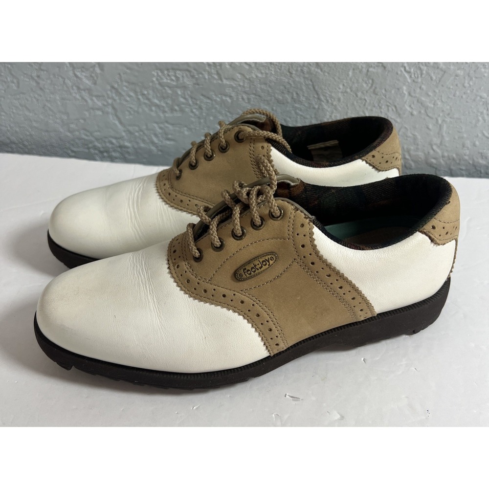 FootJoy Women's 7.5M White/Tan Golf Lace Up‎ Cleat Shoes 98776